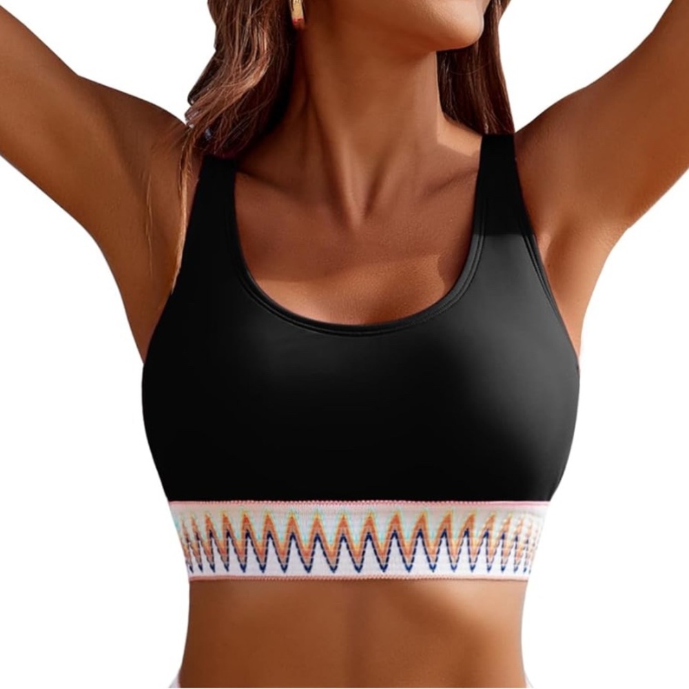 AIMAGE Versatile Black Bikini Top BOHO Embroidery Detail